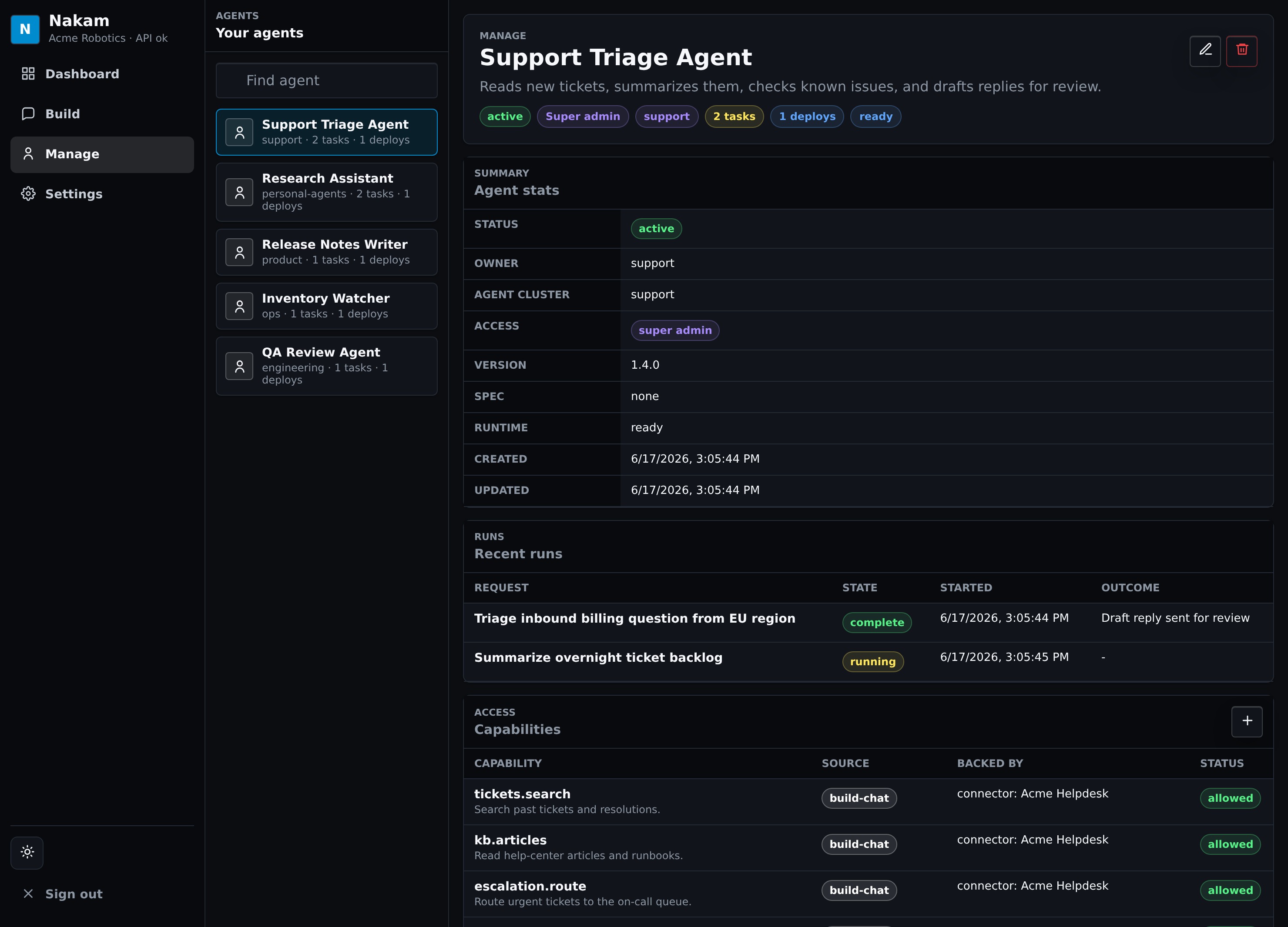 Nakam console agent management view with stats, runs, and capabilities